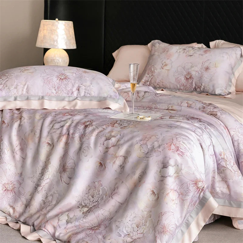 82% lyocell, 8% silk and 10% nylon soft silky flowers digital printing Bedding Set