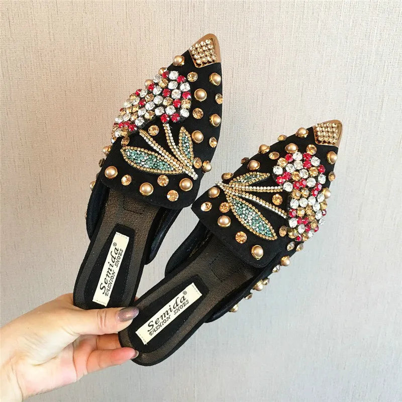 Large Size Women Mules Rivet Half Slippers Female Cherry Rhinestones Pointed Flat Shoes