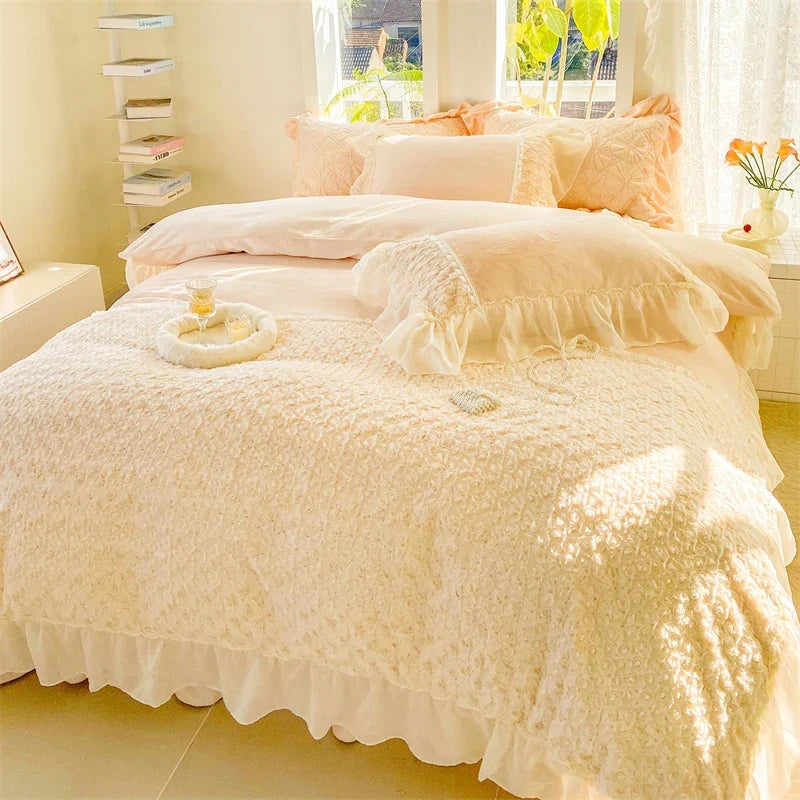 Pink Rose Flowers Short Plush Lace Ruffles Princess Bedding Set