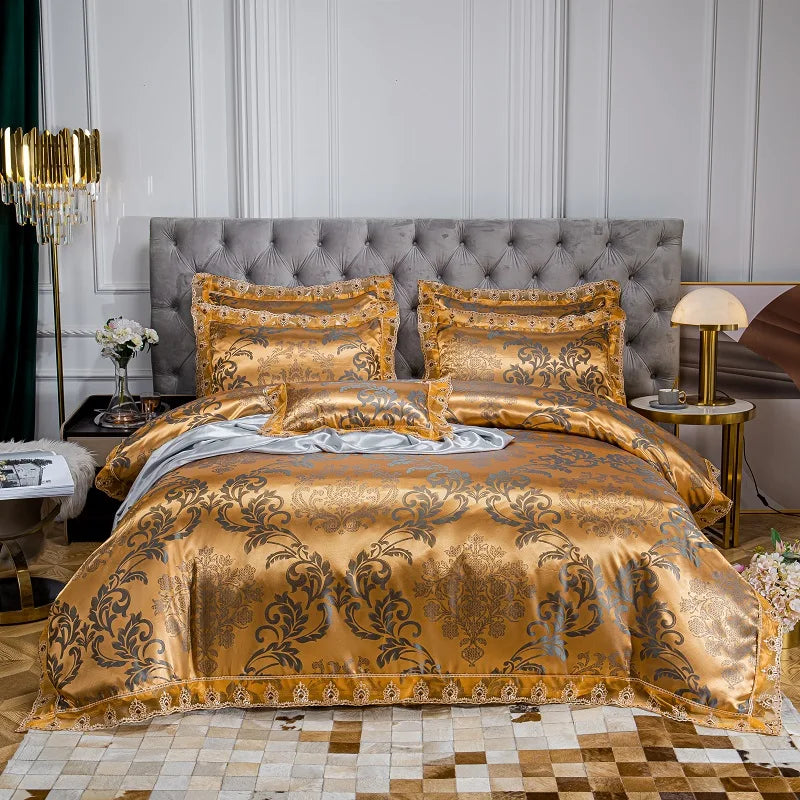 Luxury Euro Gold Satin Jacquard Lace Bedding Set