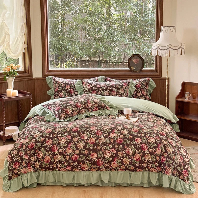100% Cotton Vintage Rose Print Ruffles Bedding Set