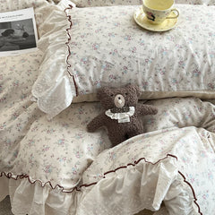100% Cotton Korean Princess Style Lace Ruffles Flower Print Bedding Set