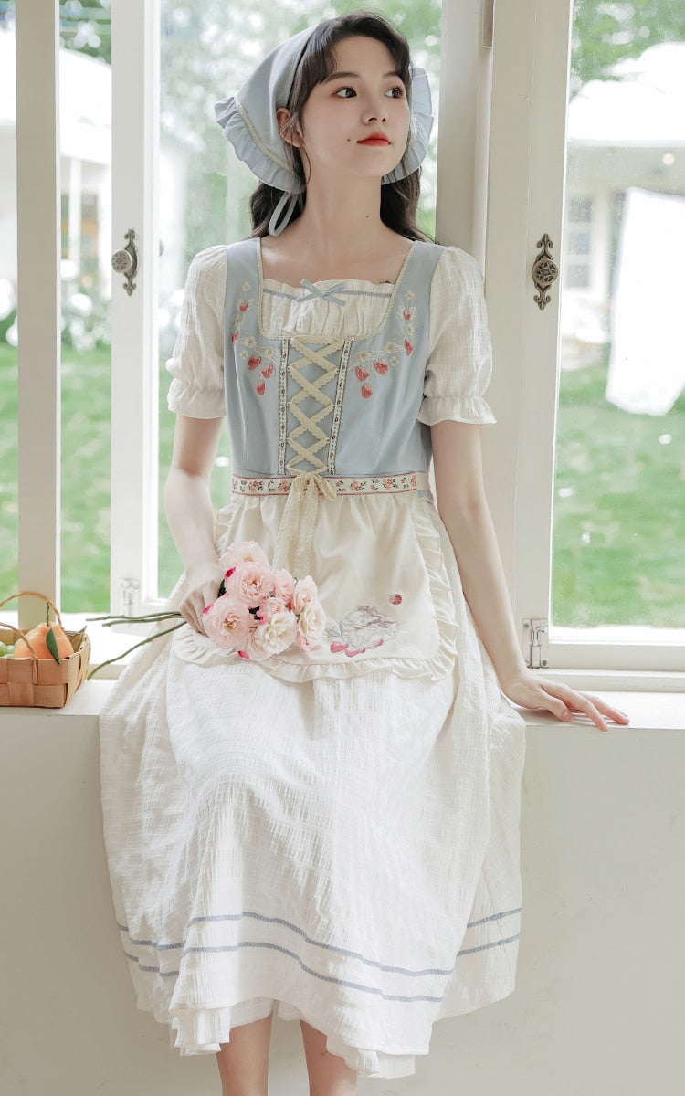 Strawberry Garden 3-Piece Set Cottagecore Dress with Head Scarf