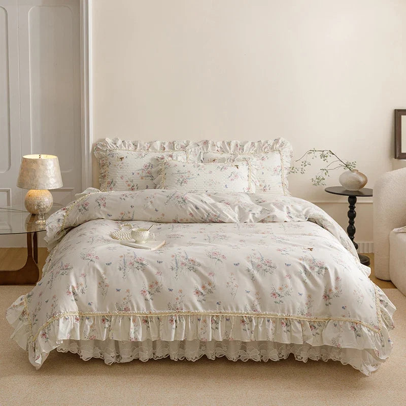 100% Cotton Korean Style Floral Lace Ruffles Princess Bedding Set