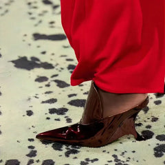 Pointed Lacquer Leather Deep Mouth Slippers with Irregular Super High Wedge Heels