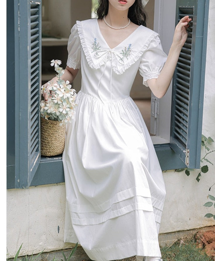 Heidi Flower Embroidered White Cottagecore Dress