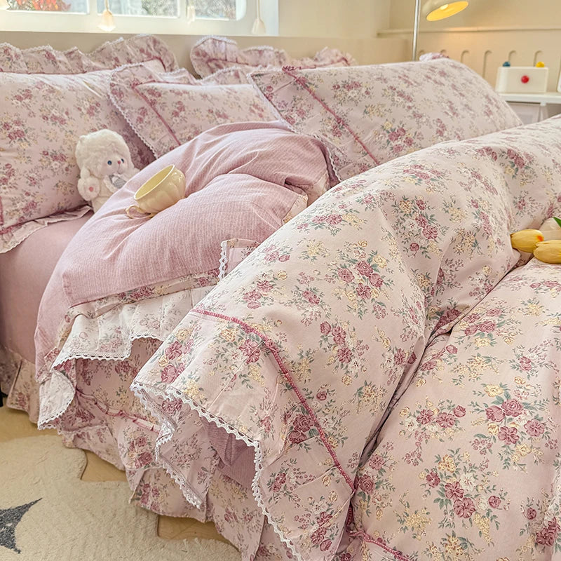 Korean Princess Style Rose Floral Ruffle Bedding Set