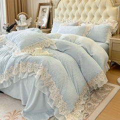 4Pcs Vintage French Romantic Lace Ruffles Carved Velvet Warm Winter Princess Bedding Set