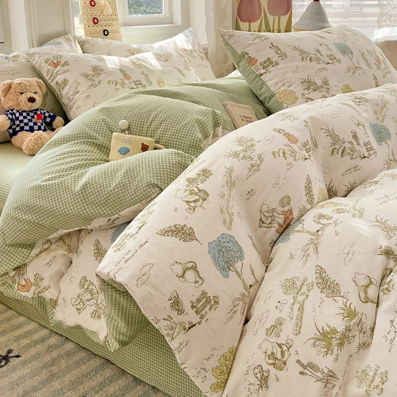 Japanese Style Floral Printed Queen Quilt Cover Set 3/4 Pcs Soft Cotton Bedding Set