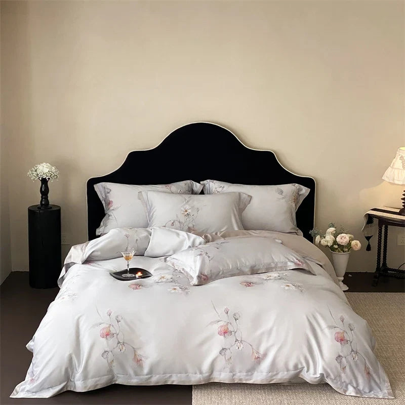 Luxury Lyocell Cotton Bedding Set, Watercolor Floral Print, Silky Soft Cooling Duvet Cover Set Flat/Fitted Sheet Pillowcase 4Pcs