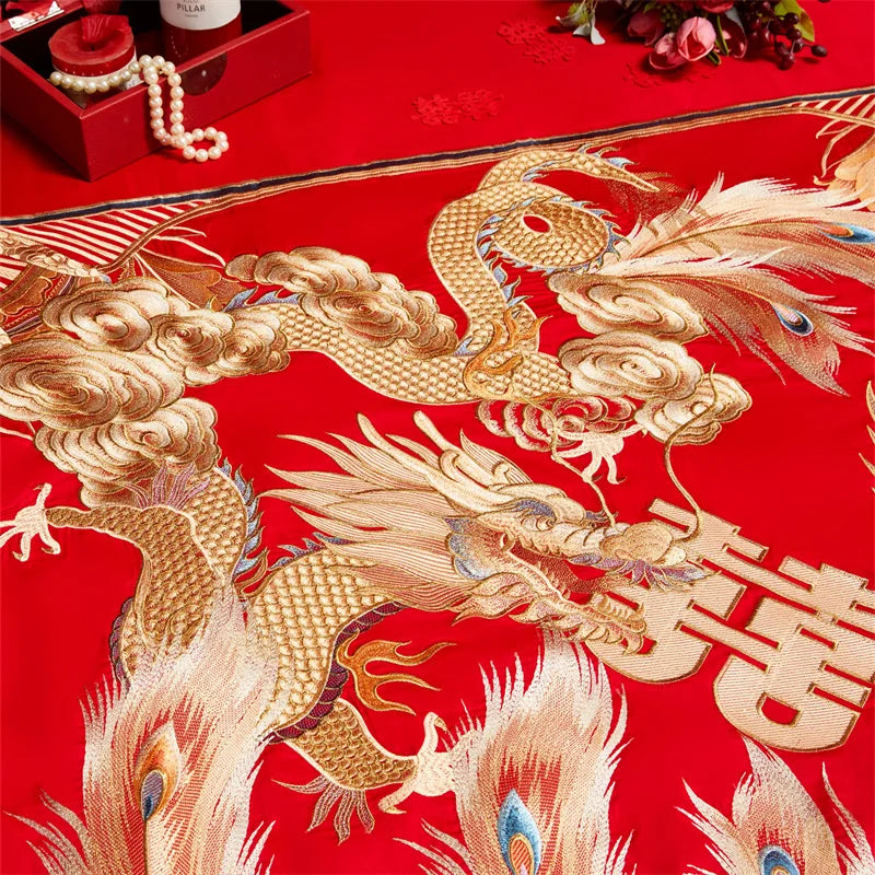 Chinese Style Wedding Dragon Phoenix Embroidery Egyptian Cotton Bedding Set