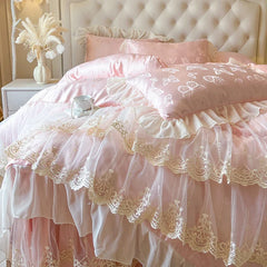 4/6Pcs Pink Butterfly Jacquard Three-layer Lace Ruffles Princess Wedding Bedding Set