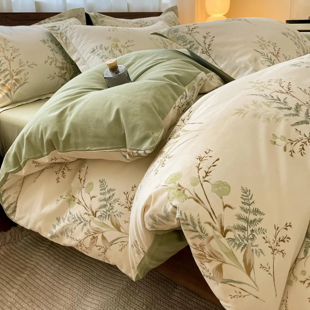 Thickened 4Pcs Bed Set Pure Cotton Long Staple Cotton Soft Bed Sheet Fitted Sheet Duvet Cover
