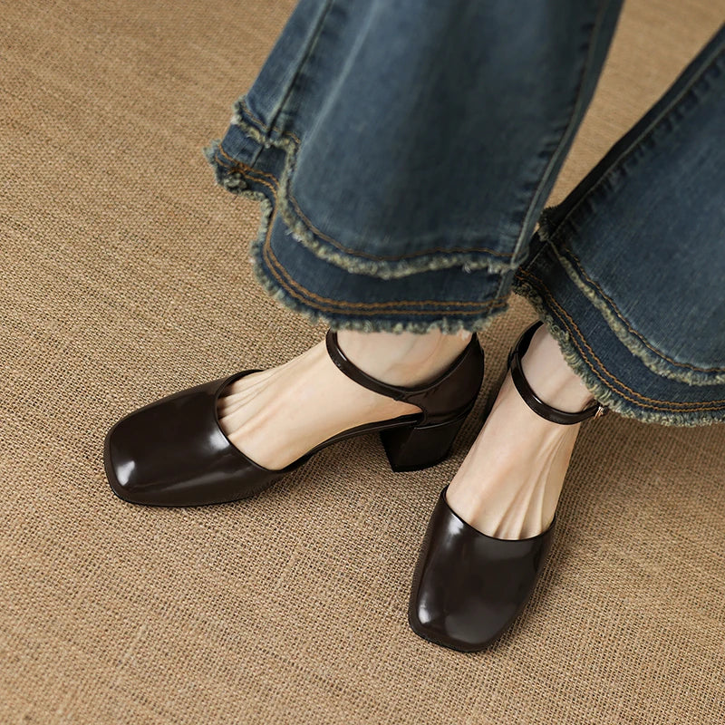 leather cowhide round toe thick Heel