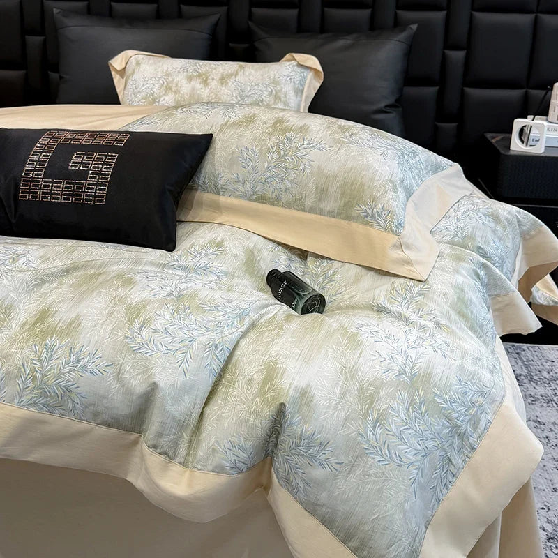 Luxury 600TC Egyptian Cotton Floral Bedding Set, Elegant Flower Duvet Cover Set with Contrast Border, Bed Sheet Pillowcases 4Pcs