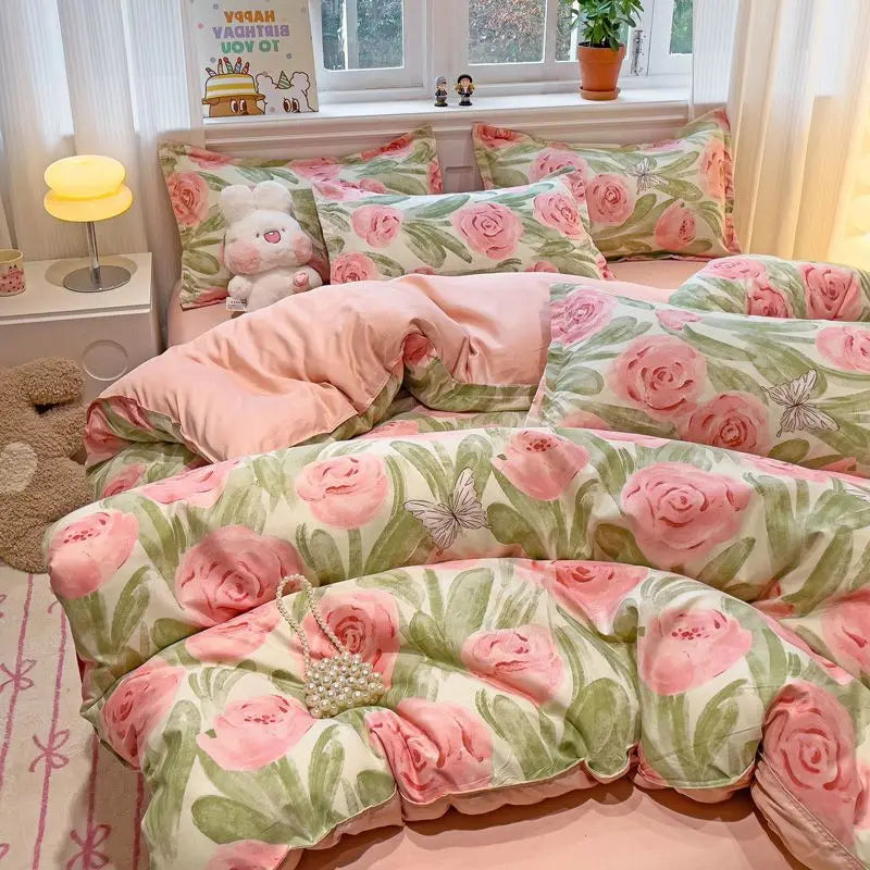 Flowers Ins Duvet Cover Set with Zipper Flat Bed Sheet Pillowcases No Filler Single Queen Size Girls Boys Gift Bedding Set