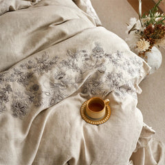 100% Pure Linen Flowers Embroidery Ruffles Luxury Queen King Size Bedding Set
