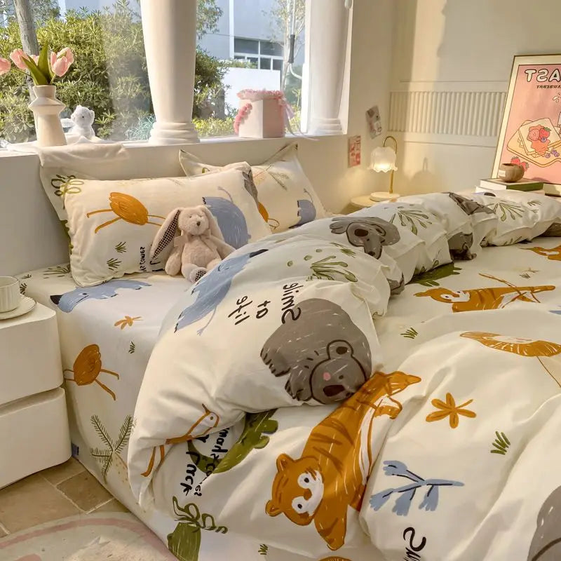Boys Girls Duvet Cover Set with Zipper Ins Cute Cartoon Bed Flat Sheet Pillowcases No Filler Twin Queen Size Fashion Bedding Set