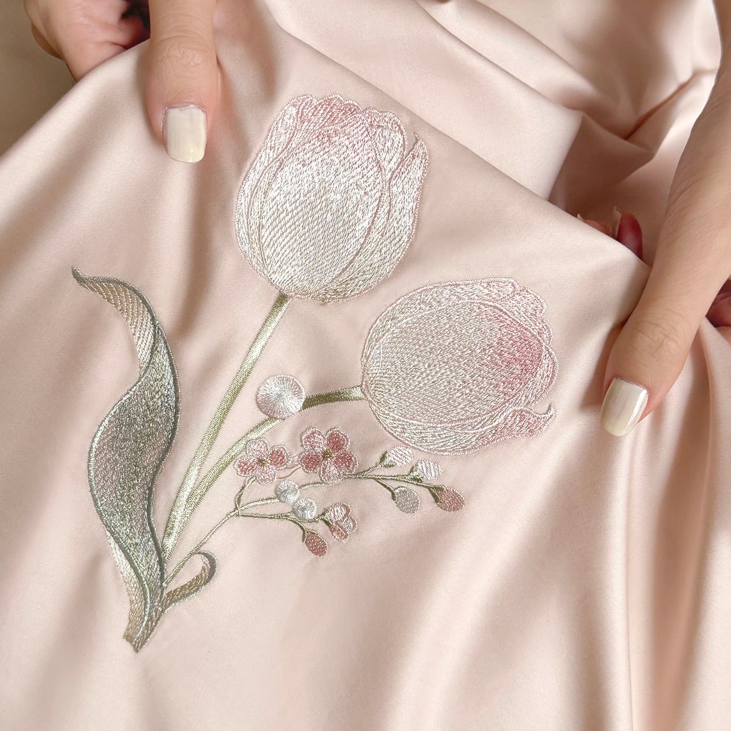 Pink Tulip Flowers Embroidery Luxury Bedding Set
