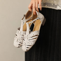 leather cowhide round toe loose grip low Heel