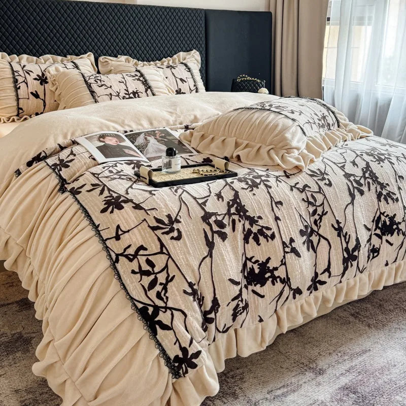 French Princess Style Velvet Duvet Cover Set Thick Coral Velvet Double-sided Plush Bedding Set