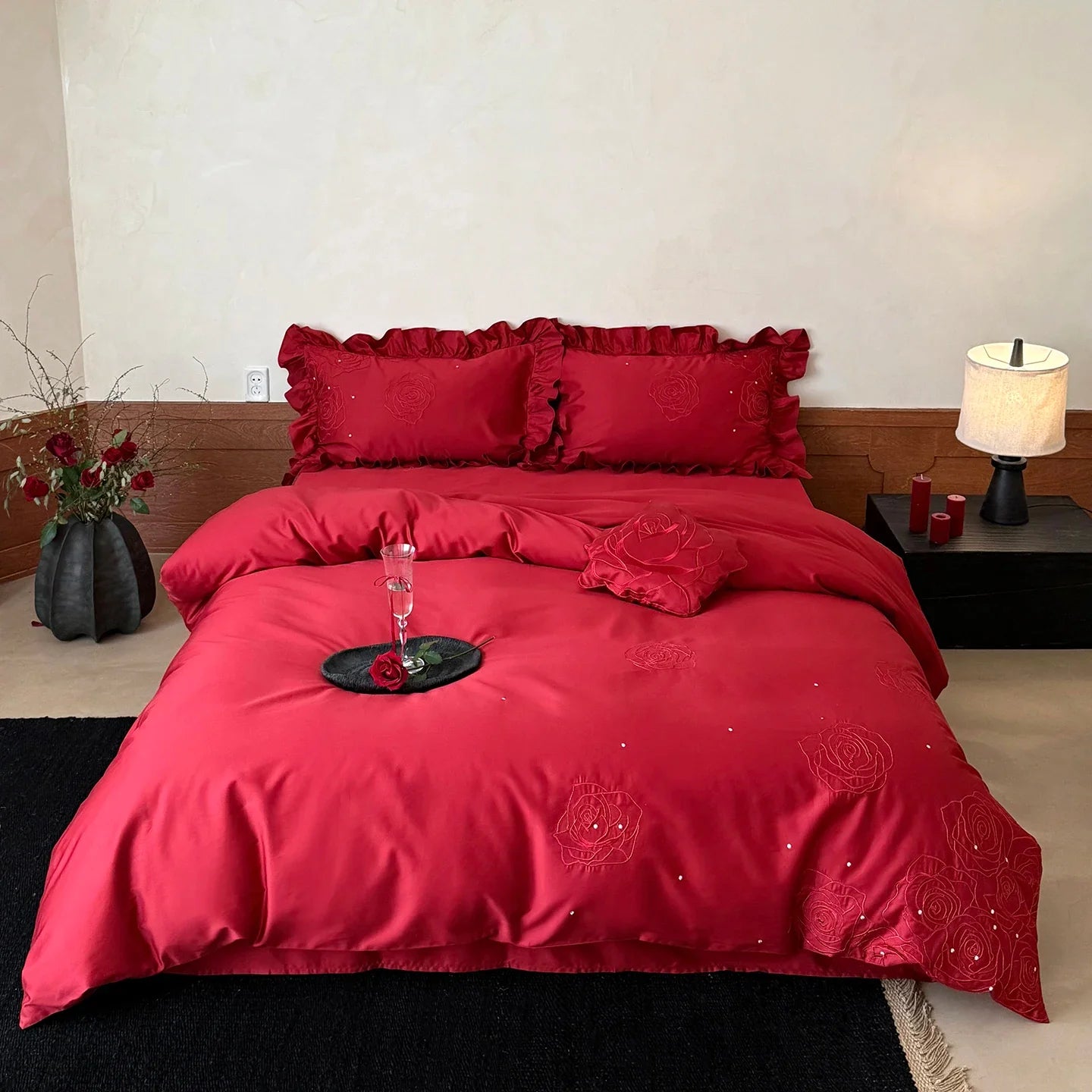 600TC Egyptian Cotton Rose Embroidery Red Wedding Style Bedding Set
