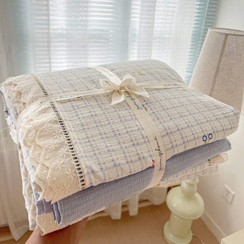 4pcs Floral Printed Duvet Cover Set Korean Lace Bedding Set