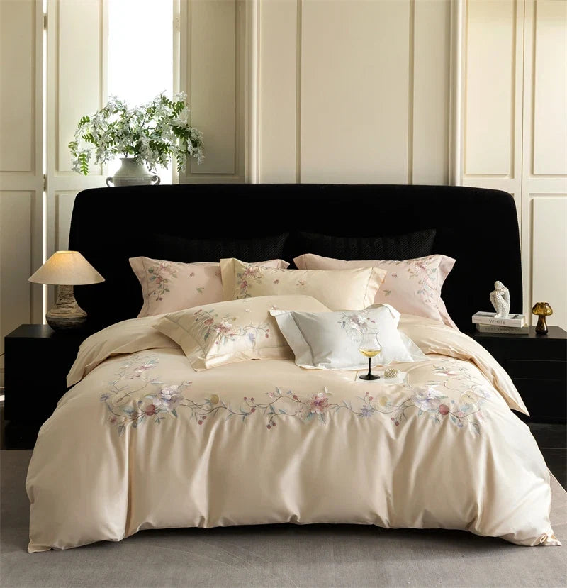 Premium 1000TC Egyptian Cotton Flowers Embroidery Pink Luxury Bedding Set
