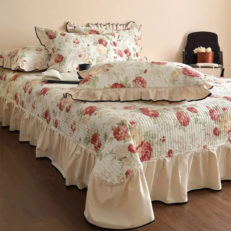 4Pcs Vintage French Floral Ruffles Bedding Set, 100% Cotton, Princess Duvet Cover Set, Quilted Bedspread, Bed Sheet, Pillowcases