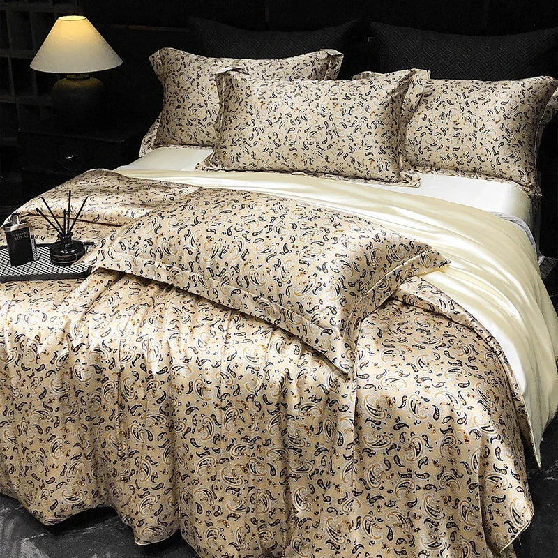 Luxury Mulberry Silk Duvet Cover High End Floral Printed Bedding Set