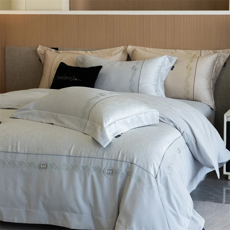 1000TC Egyptian Cotton Brushed Jacquard Embroidery Luxury Solid Color Bedding Set