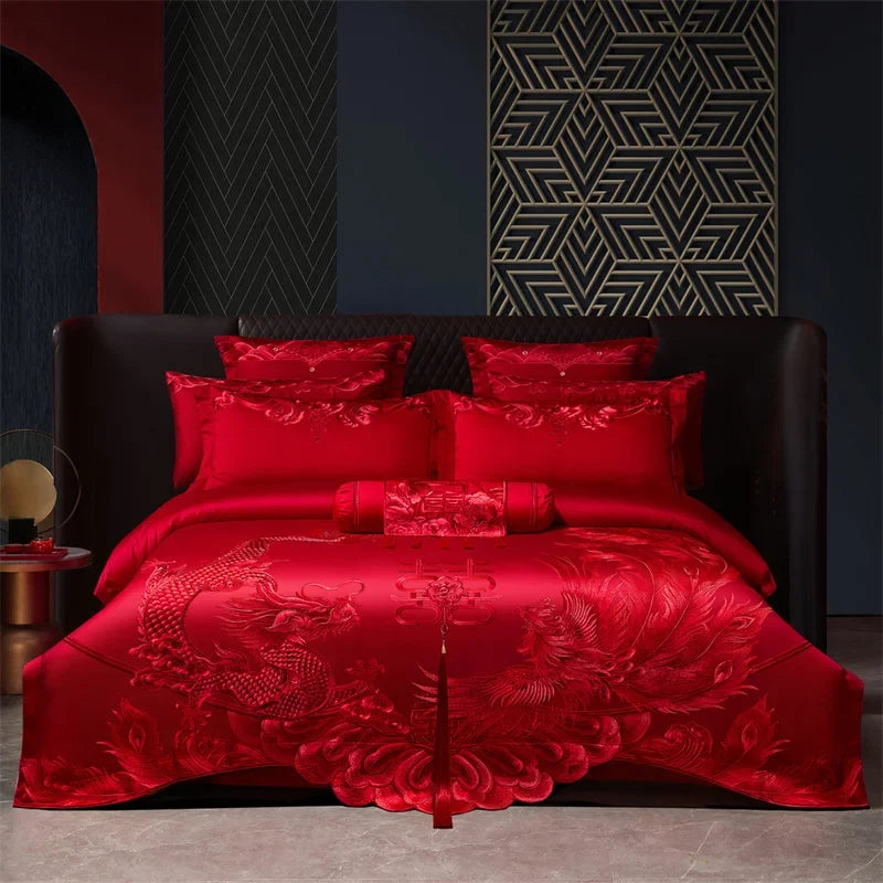 Luxury Chinese Style Wedding Dragon Phoenix Embroidery Red Bedding Set