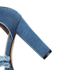 Waterproof Platform Thick Sole Open Toe Denim Back Zipper High Heel