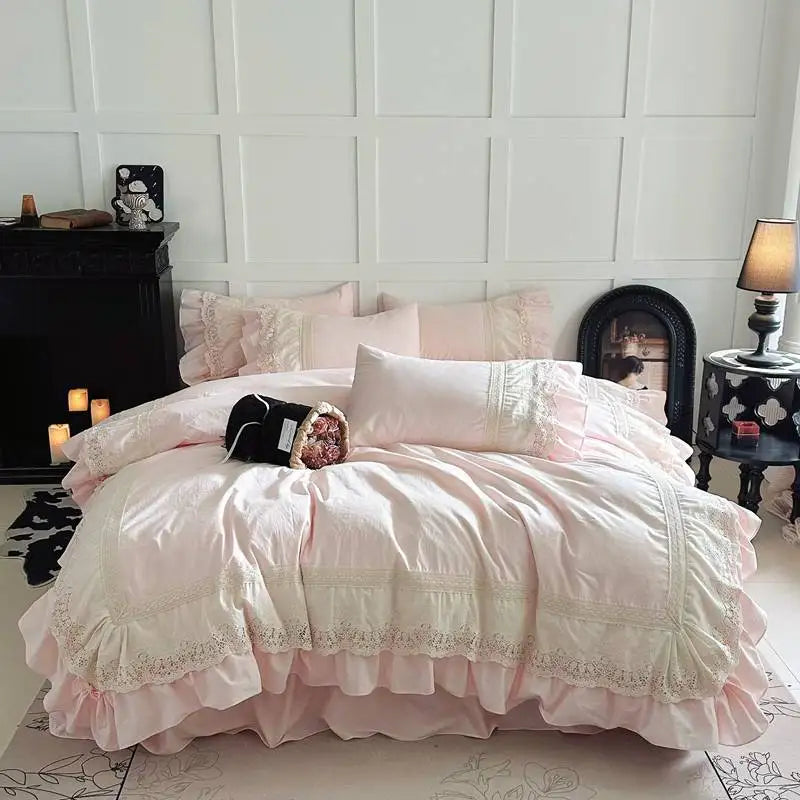 Pink Vintage Double Layer Lace Ruffles 100% Cotton Bedding Set