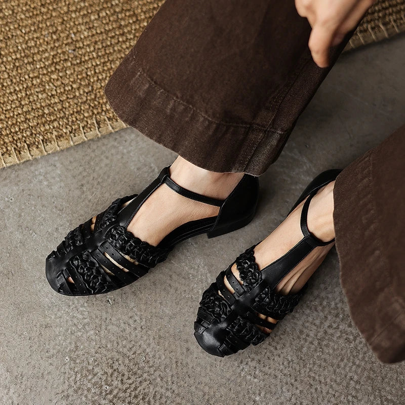 leather cowhide round toe loose grip low Heel