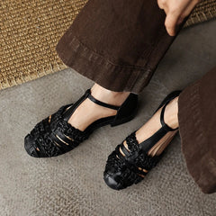 leather cowhide round toe loose grip low Heel