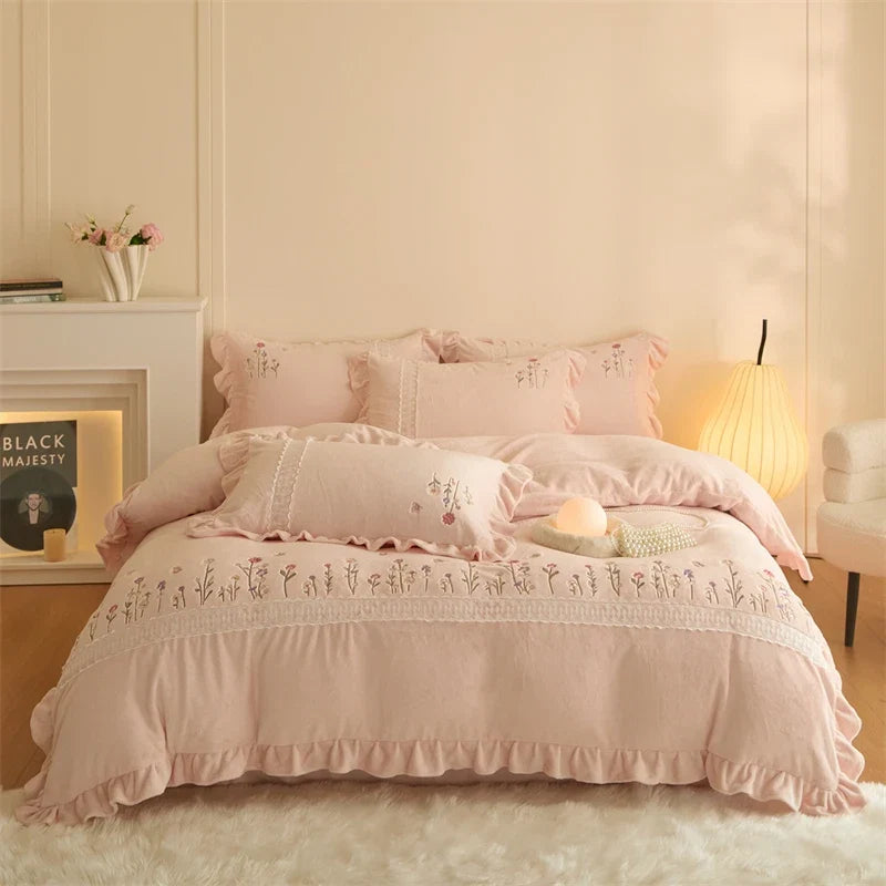Pink Flowers Embroidery Lace Ruffles Velvet Luxury Bedding Set