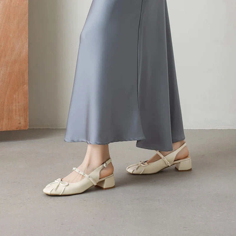 leather cowhide round toe elastic buckle middle Heel