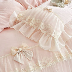 Three-layer Lace Ruffles Bow Princess Wedding Bedding Set