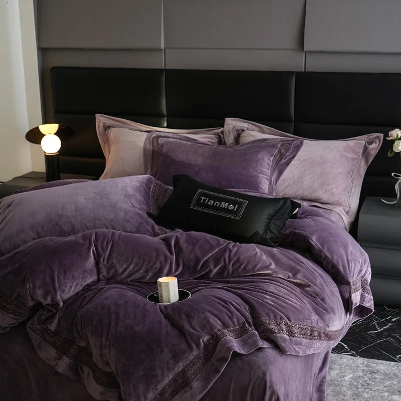 4Pcs Winter Thickened Milk Velvet Luxury Purple Bedding Set
