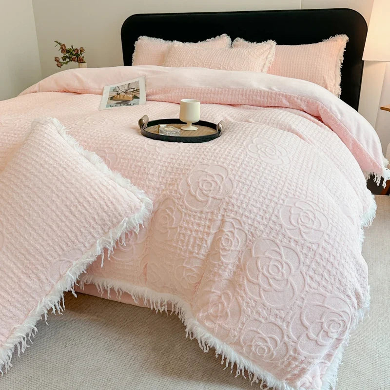 Pink Rose Carved Velvet Warm Bedding Set