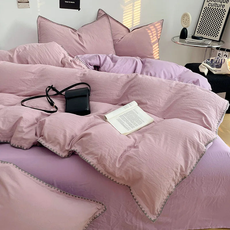Solid Color Soft Duvet Cover Set Skin Friendly Washable Cotton Queen Bedding Set
