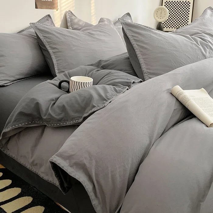 3 Pcs Simple Solid Color Quilt Cover Set with Pillowcases Stitching Design King Queen Size Bedding Set