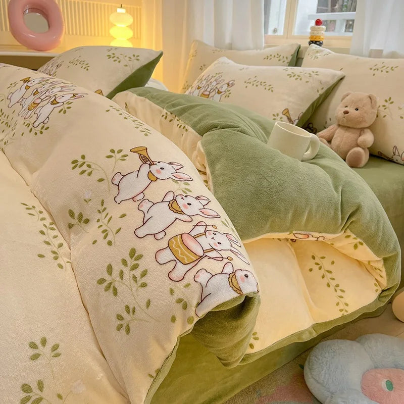 Cute Cartoon Winter Warm Quilt Cover Set Queen Bedding Set