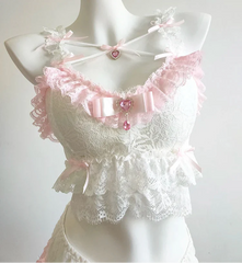 Ruffle Crystal Coquette Crop Top with Pink Crystal Heart Charm