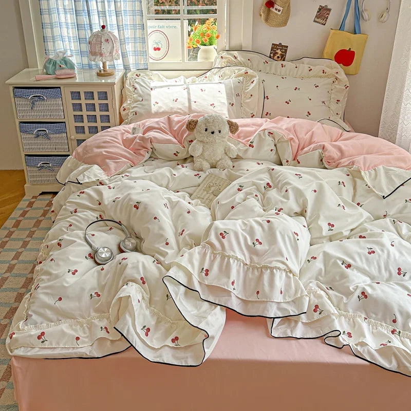 Princess Style Cartoon Floral Ruffles Bedding Set