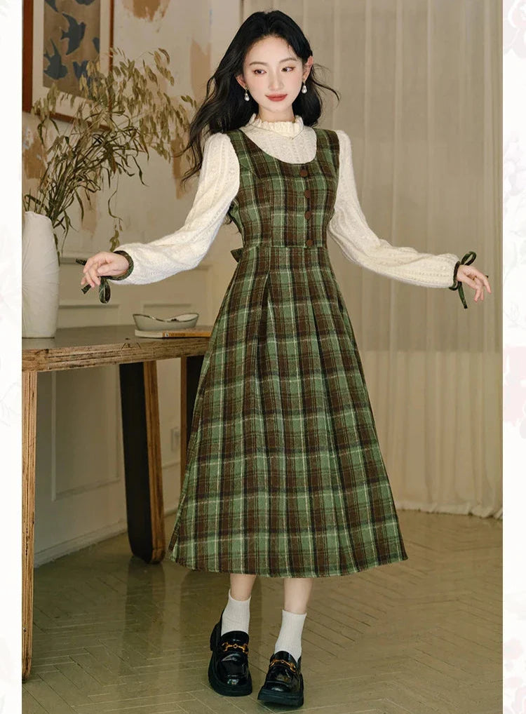 Harmony Plaid Wool Dark Academia Cottage Dress