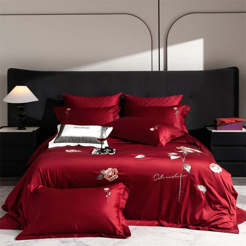 Luxury Rose Flowers Embroidery 100% Cotton Red Bedding Set