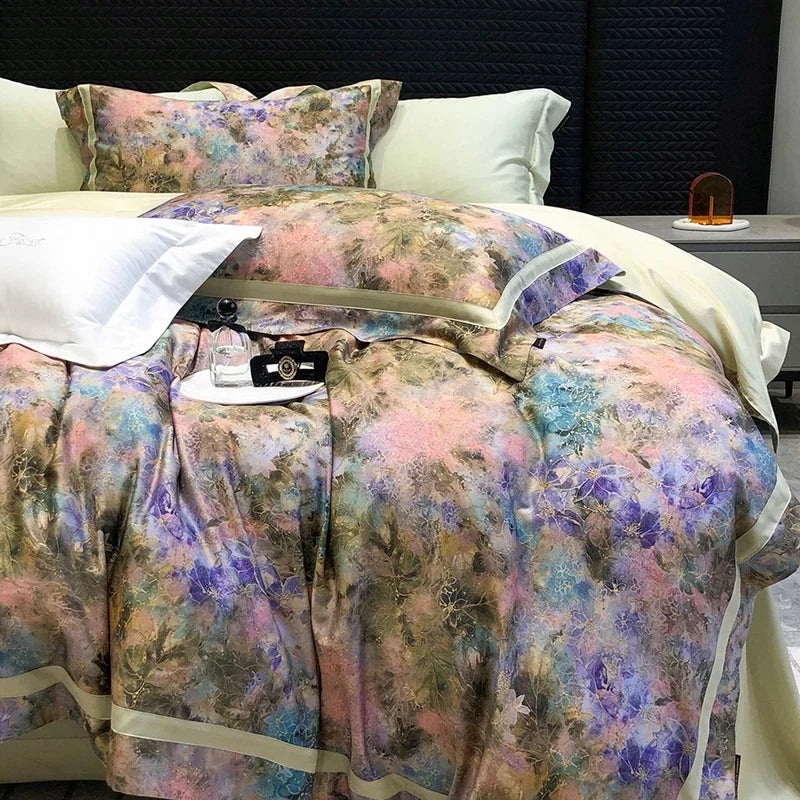 Flowers Digital Printing Wide Edge 1000TC Lyocell Cotton Soft Silky Bedding Set