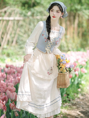 Strawberry Garden 3-Piece Set Cottagecore Dress with Head Scarf